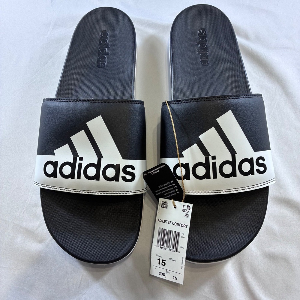 Adidas Adilette Comfort Slides Mens 15 Black White Logo Sandals GW8753